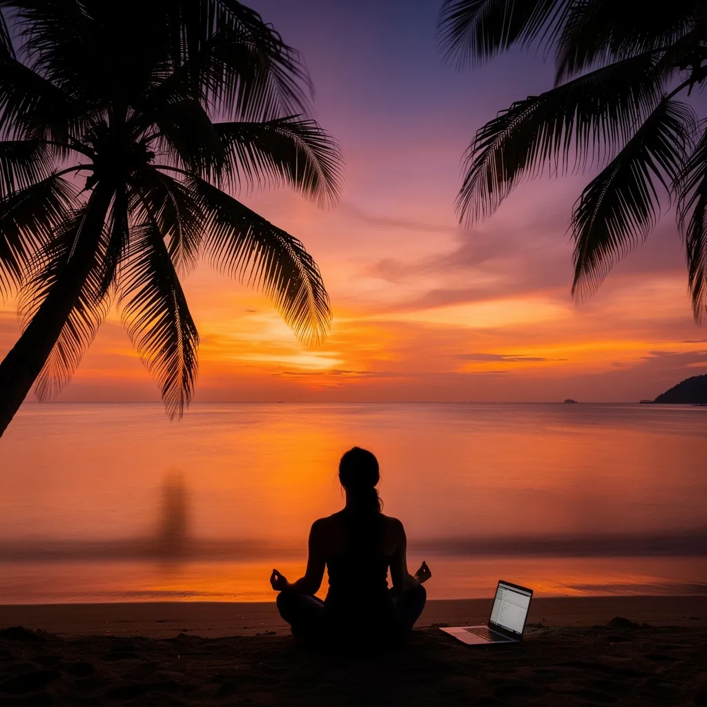 Man on a hammock with laptop working on a tropical island beach at sunset