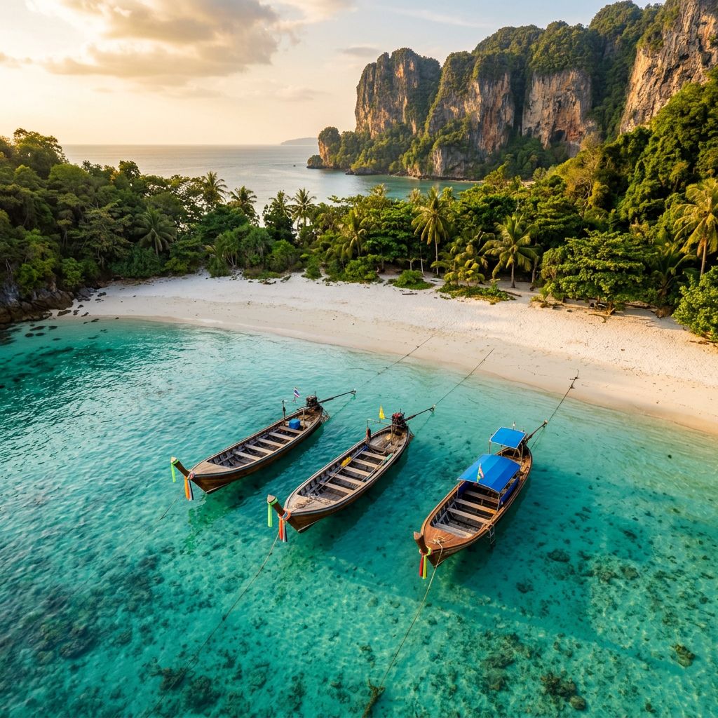 Aerial view of three longtail boats moored in crystal clear turquoise water off a white sand Thai island beach with limestone karst cliffs at golden hour