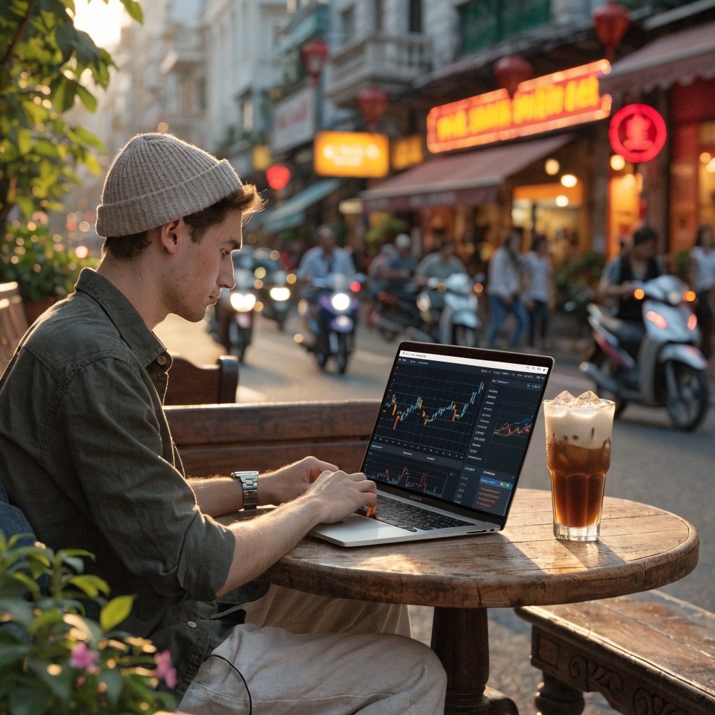 Digital nomad trading crypto at a Vietnamese street cafe in Saigon with ca phe sua da