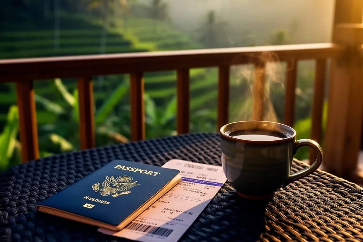 A passport and boarding pass beside a coffee on a Bali villa balcony overlooking rice terraces at sunrise