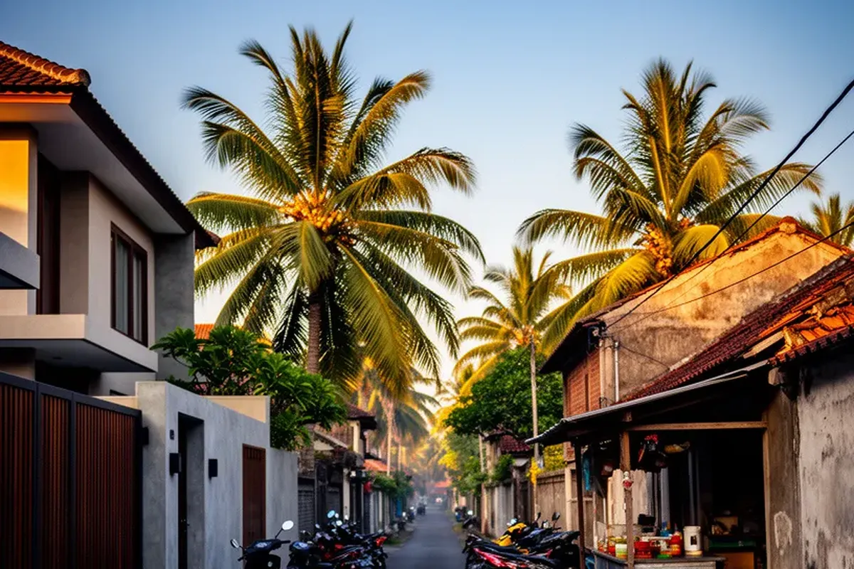 A Canggu Bali street at golden hour, a modern villa gate beside a small local warung, showing the contrast of new money and old island