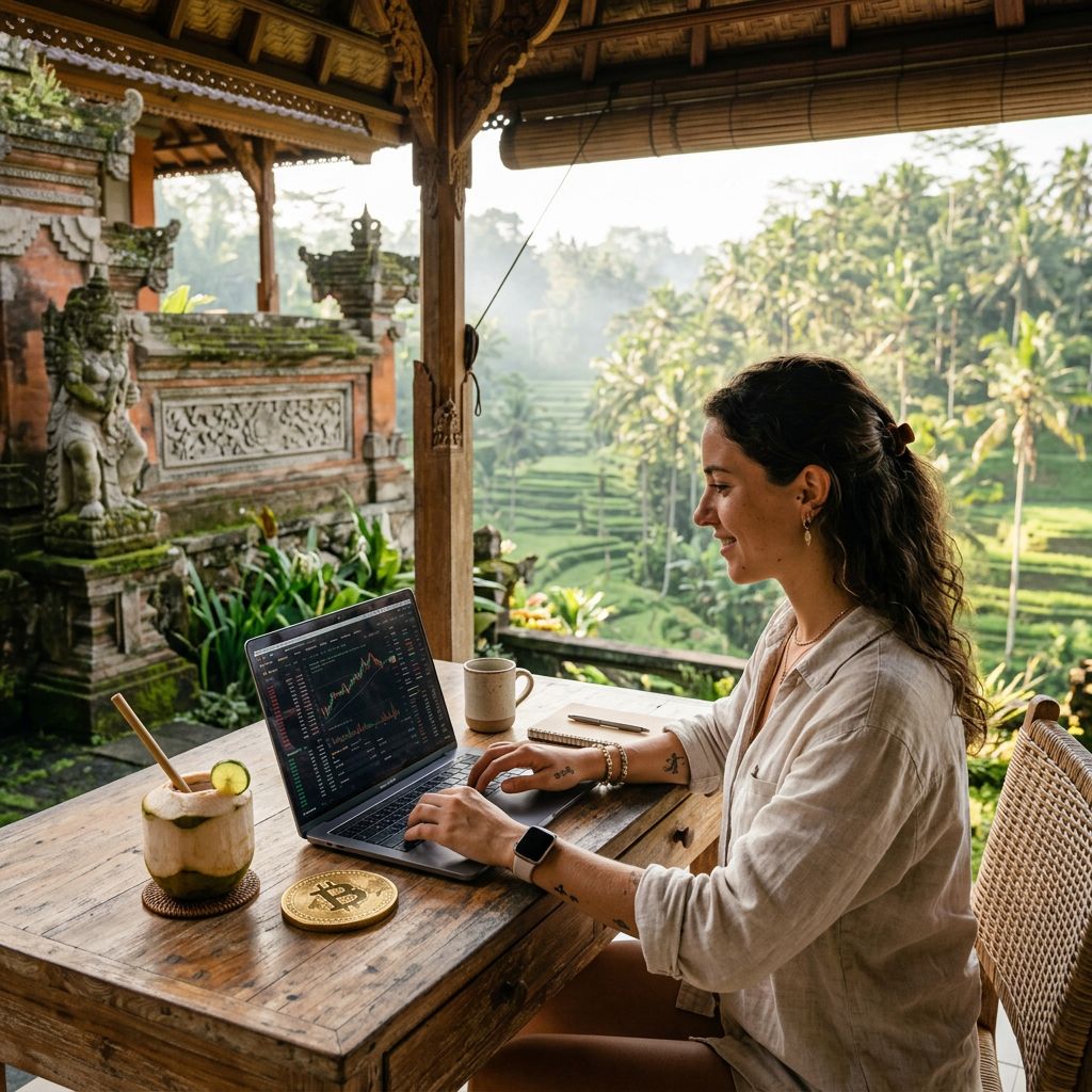 Digital nomad trading crypto at an open-air Balinese villa overlooking rice terraces