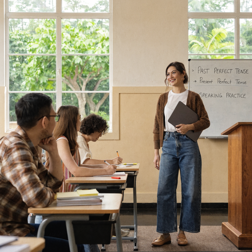 TEFL teacher standing in a classroom teaching English grammar to students in Southeast Asia