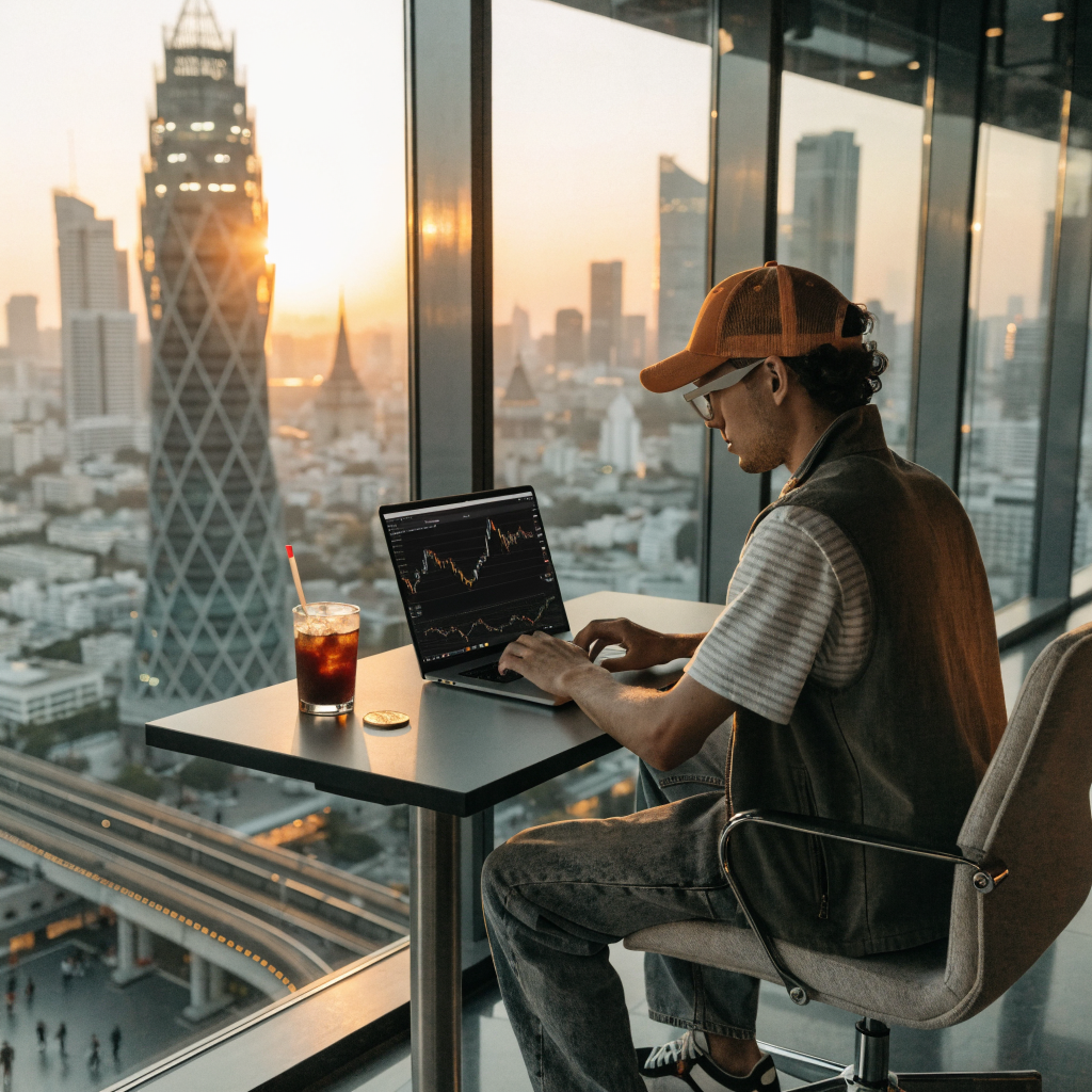 Digital nomad trading crypto at a high-rise coworking space overlooking the Bangkok skyline at golden hour
