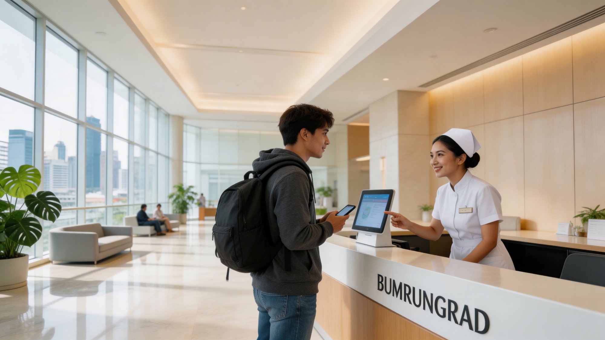 Digital nomad at Bumrungrad hospital reception desk in Bangkok Thailand