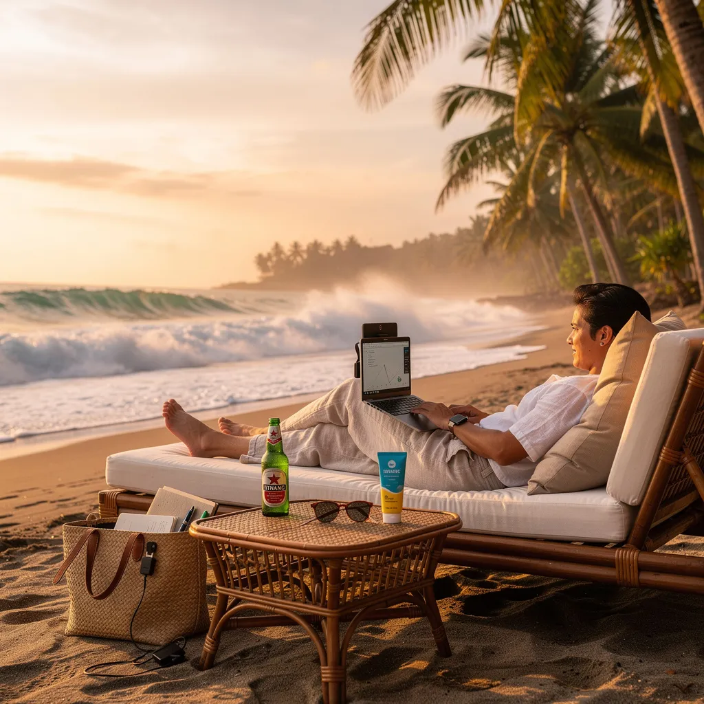 Digital nomad working from a beach lounger at sunset in Thailand