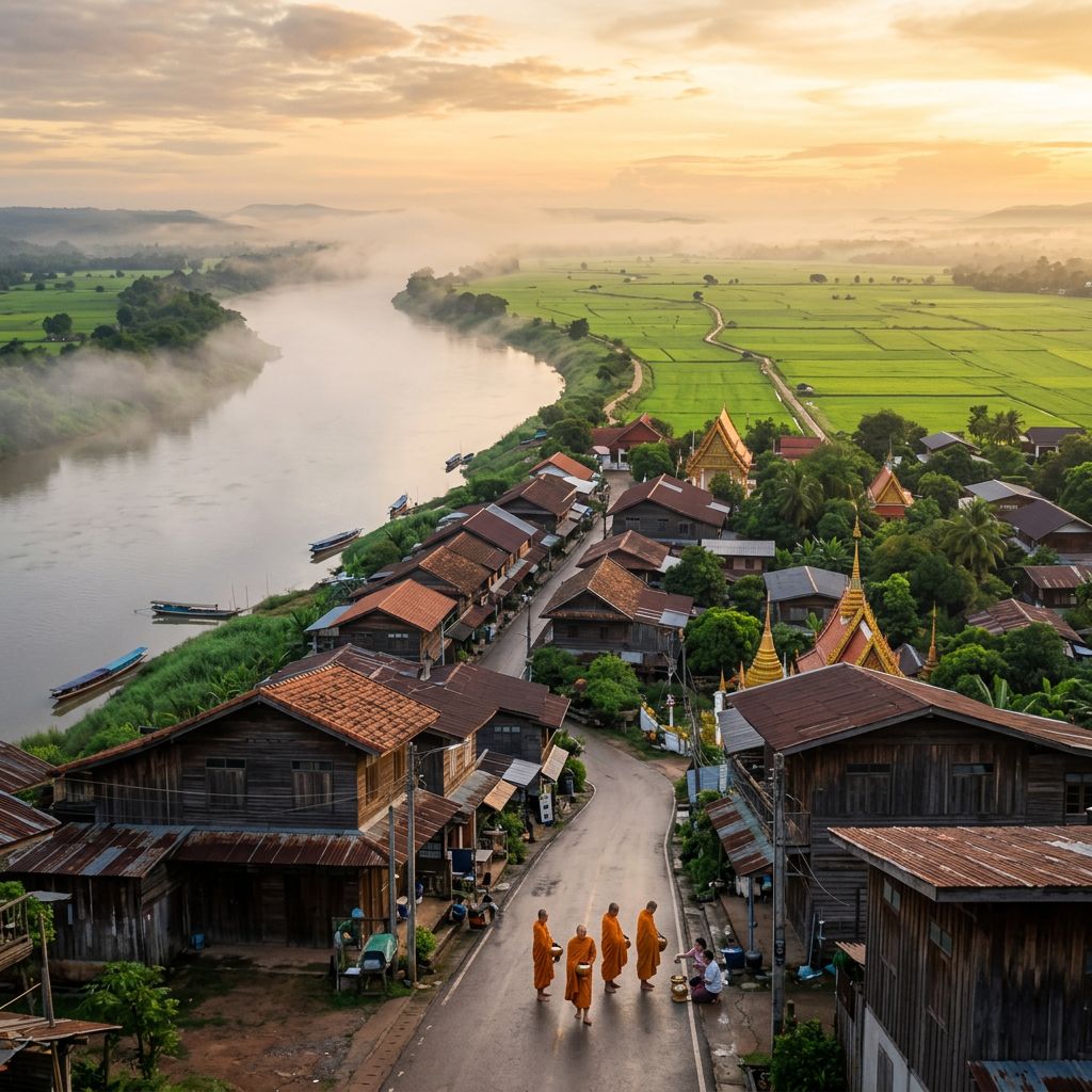 Aerial view of a misty Mekong River town at sunrise in northeast Thailand with monks walking along a quiet street