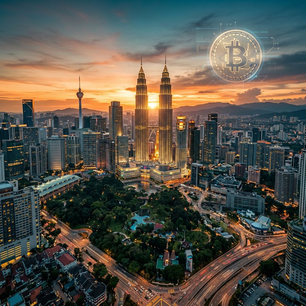 Aerial view of Kuala Lumpur skyline at sunset with Petronas Twin Towers and Bitcoin hologram overlay
