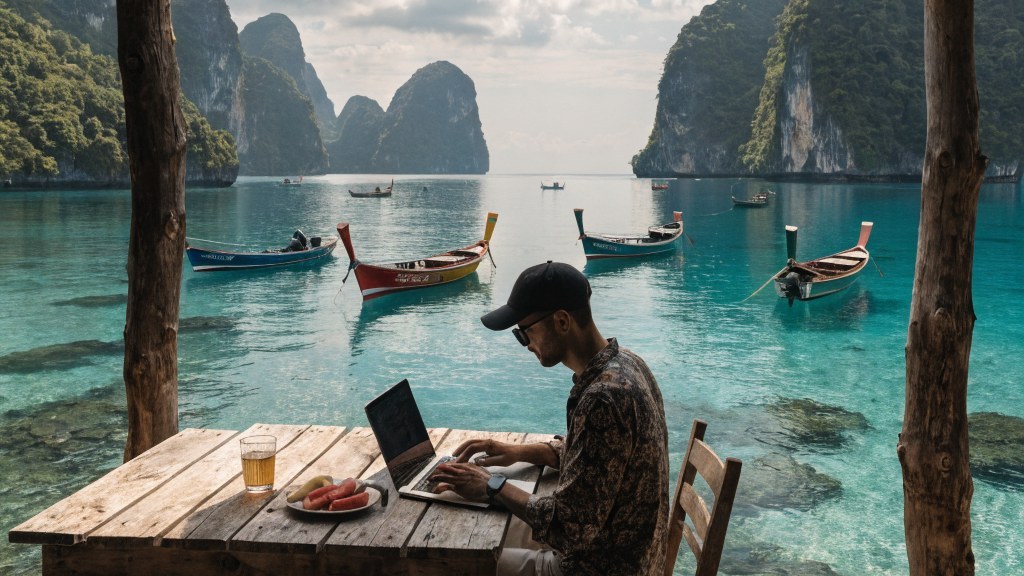 Digital nomad working on a laptop at a wooden deck café overlooking a turquoise Thai island bay with long-tail boats and limestone karsts