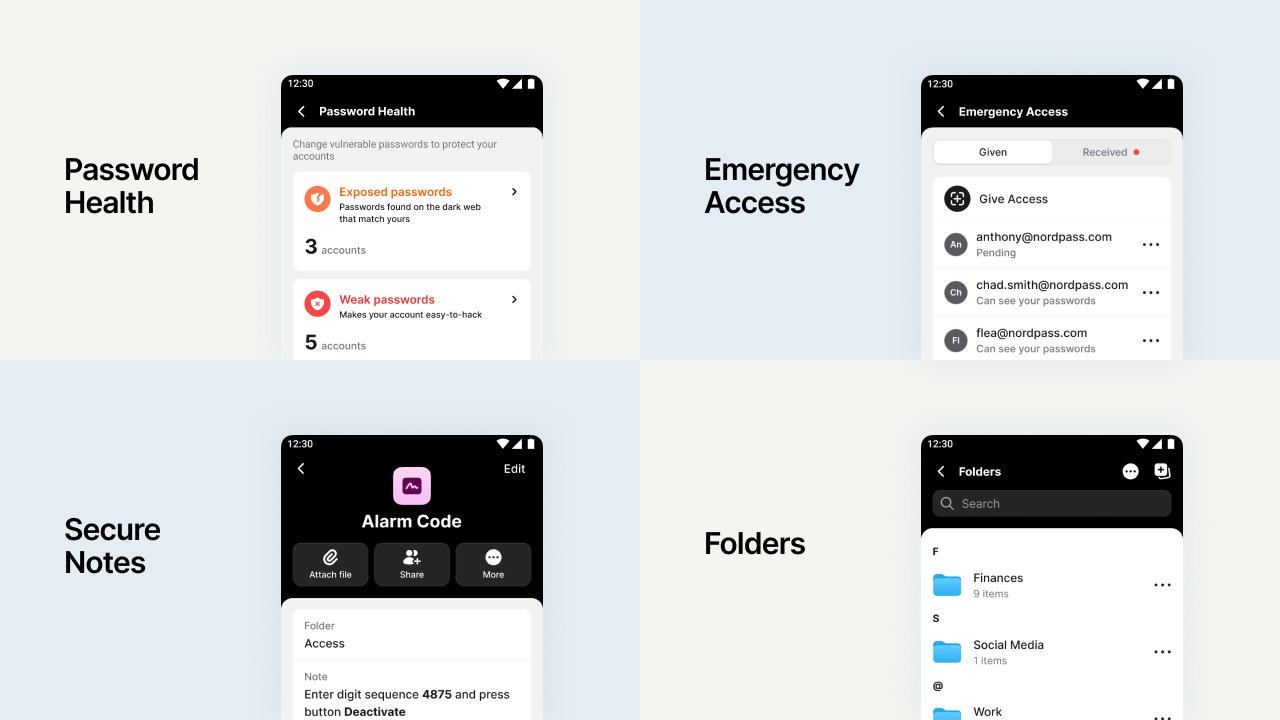 NordPass Features - Password Health, Emergency Access, Secure Notes, Folders