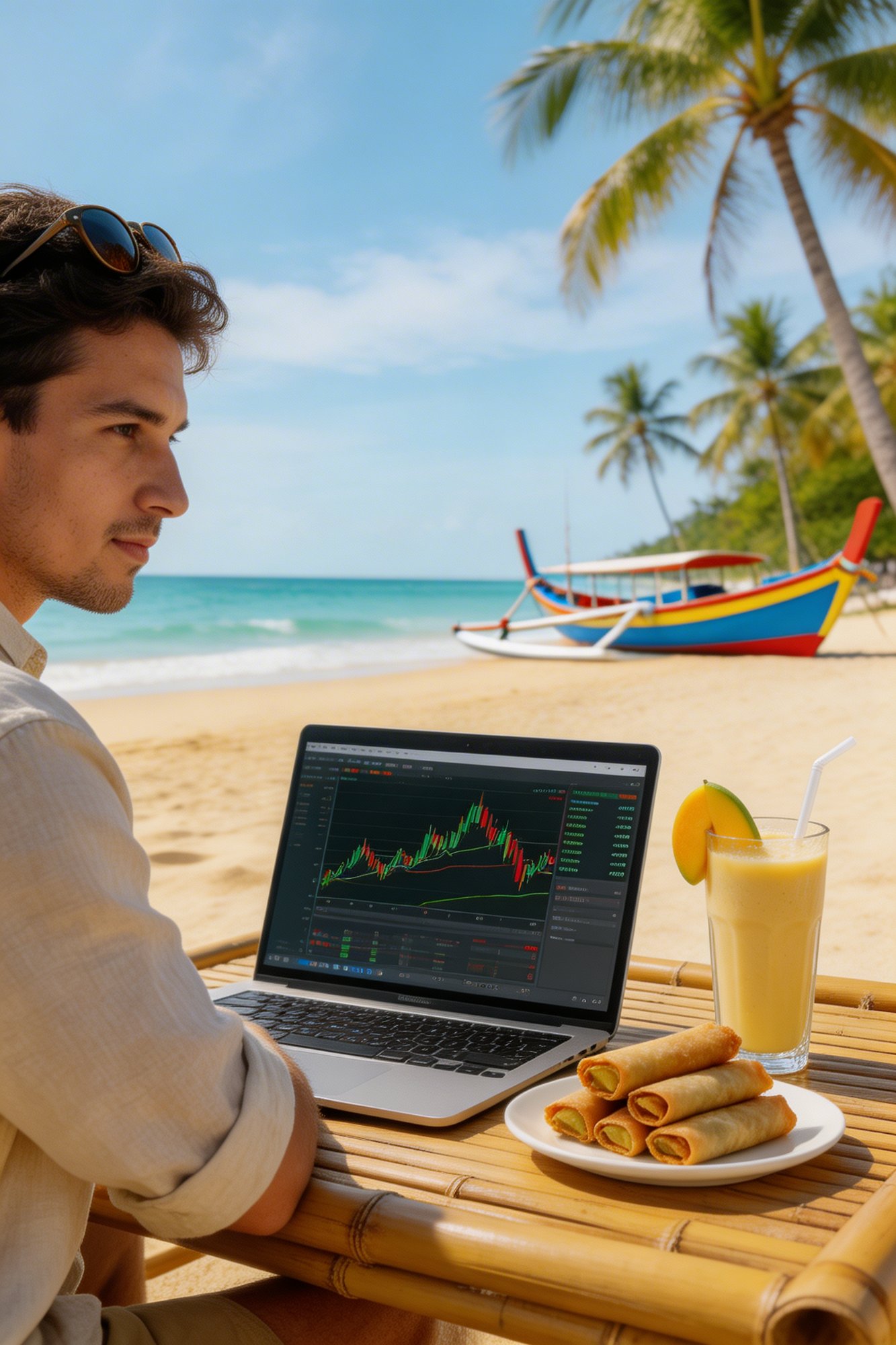 Digital nomad trading crypto on a beach in the Philippines with lumpia and mango shake