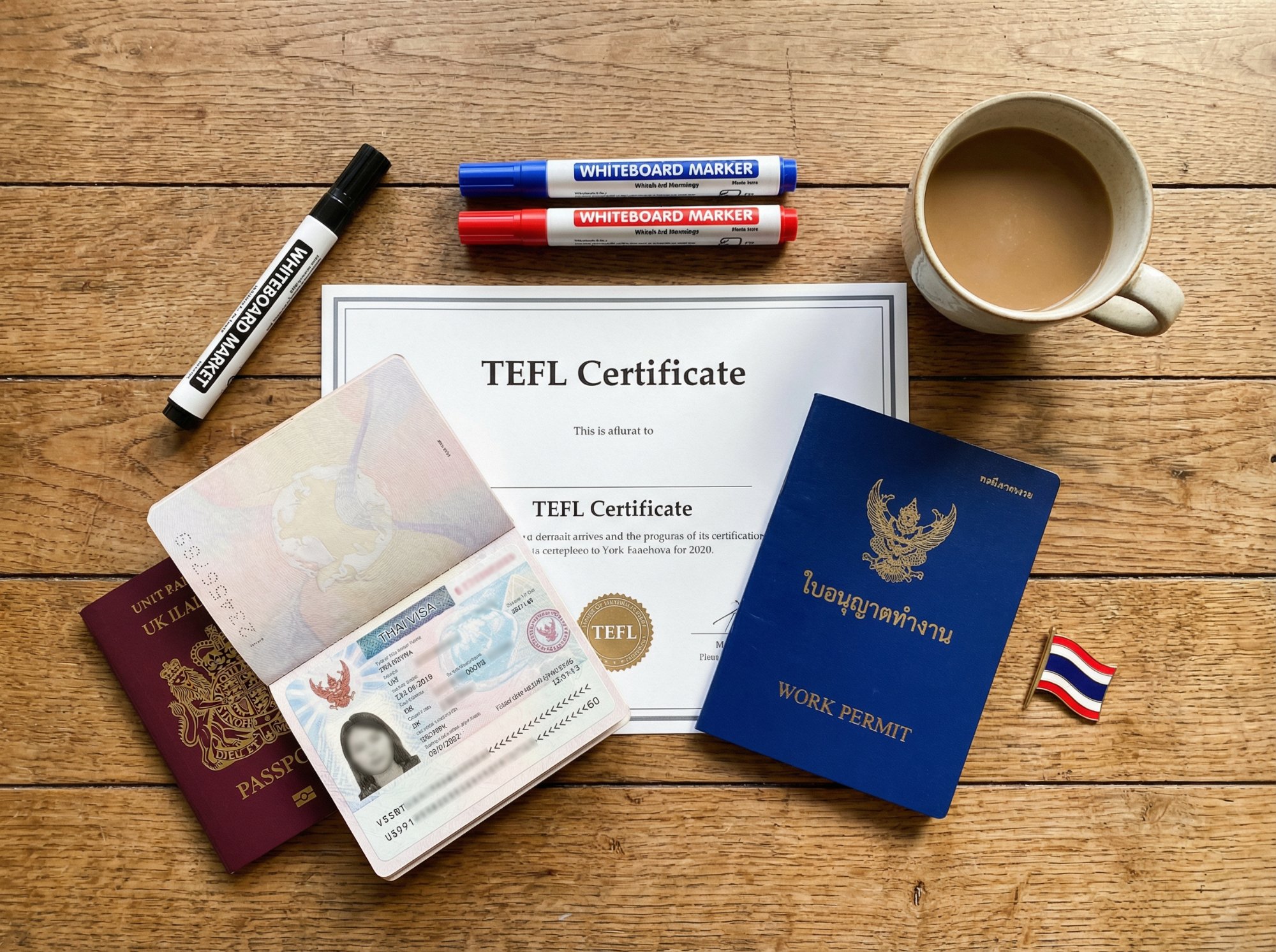Flat lay of TEFL certificate, passport with Thai visa, work permit book, and whiteboard markers