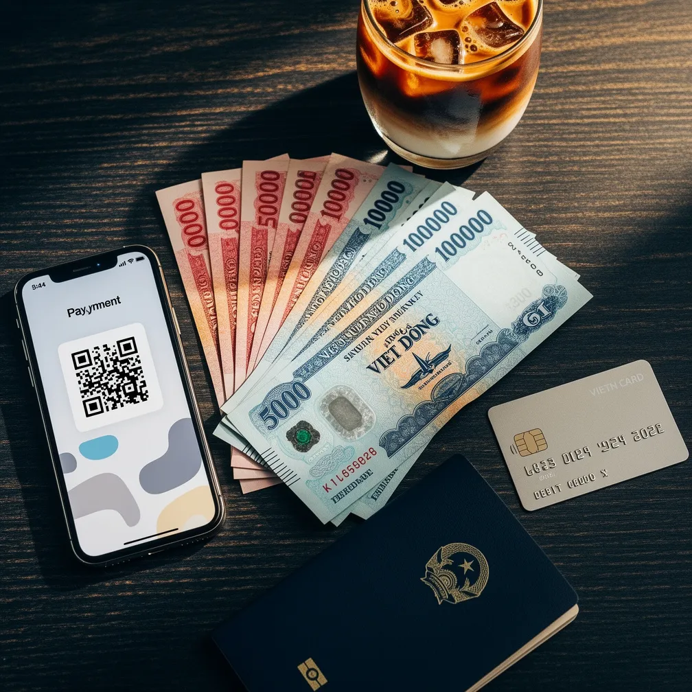 Vietnamese Dong banknotes, QR payment phone, debit card and passport on a dark table
