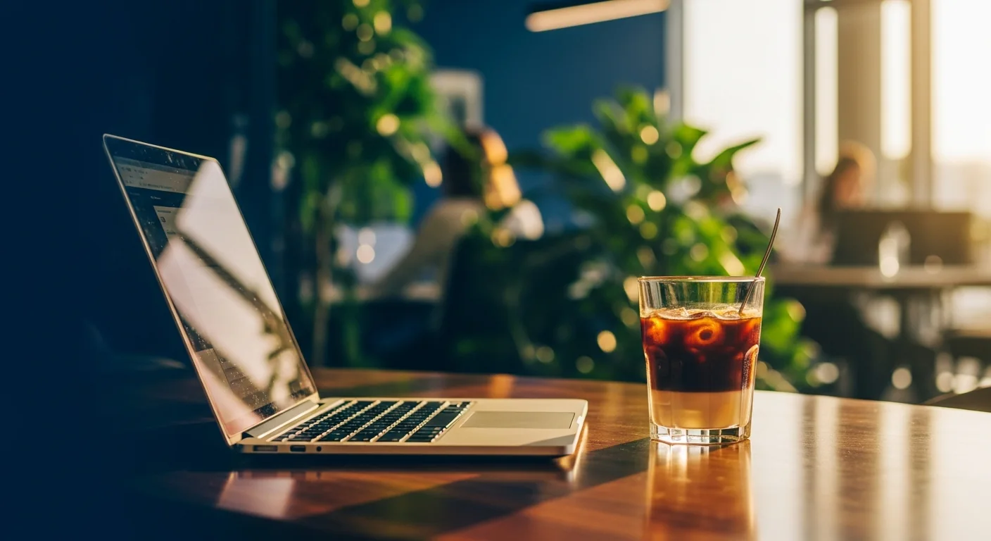 Laptop and Vietnamese iced coffee on a wooden desk in a bright modern coworking space with plants