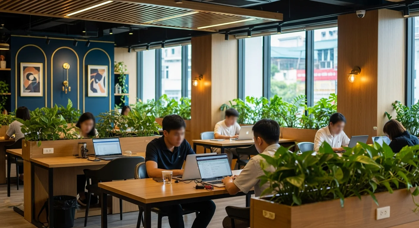 Modern coworking space in Vietnam with people working on laptops, wood desks, plants and big windows
