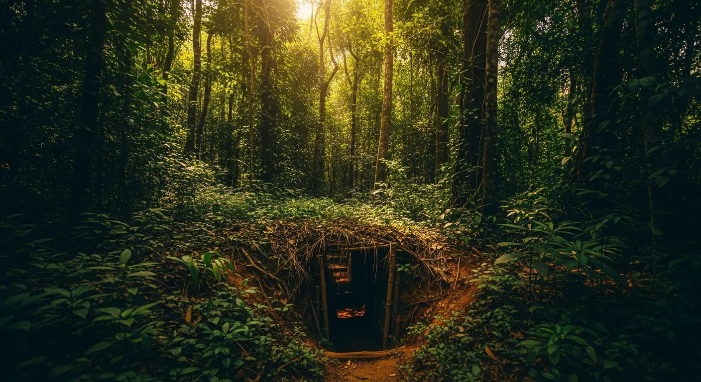 Camouflaged Cu Chi Tunnels entrance hidden in dense Vietnamese jungle with golden light through the canopy