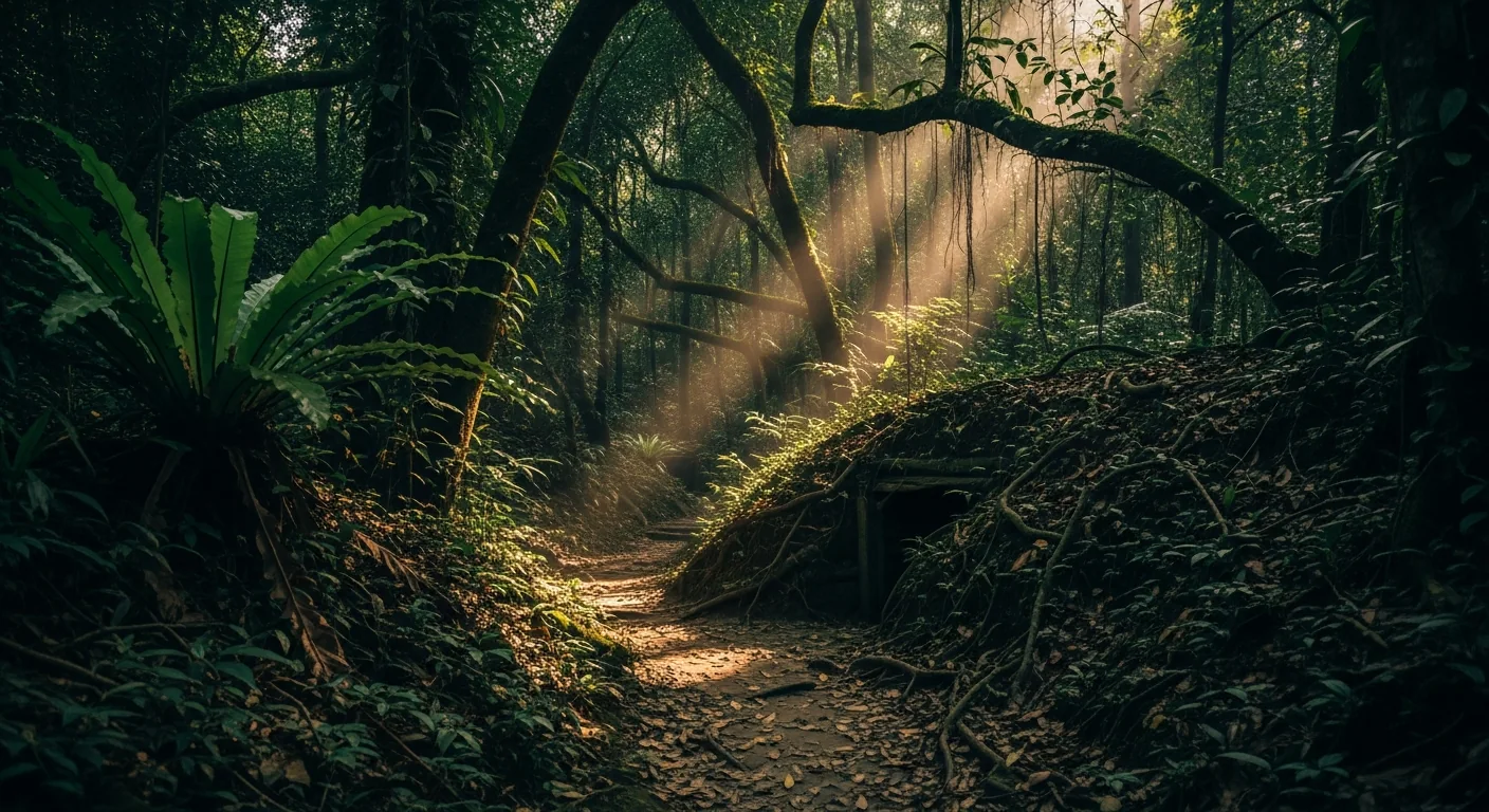 Jungle pathway at the Cu Chi Tunnels historic site with sunlight filtering through tropical trees