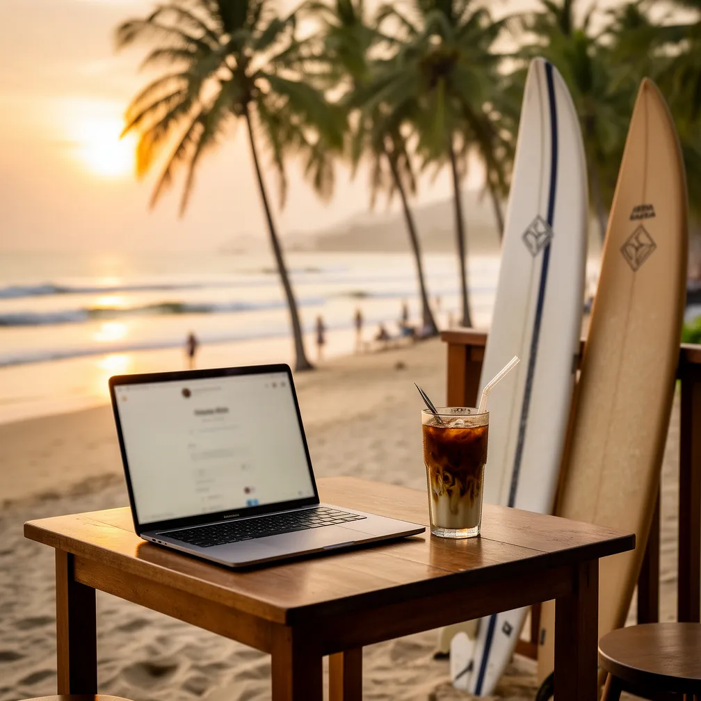 Laptop and Vietnamese iced coffee on a beachfront table at My Khe Beach, Da Nang at sunset with surfboards