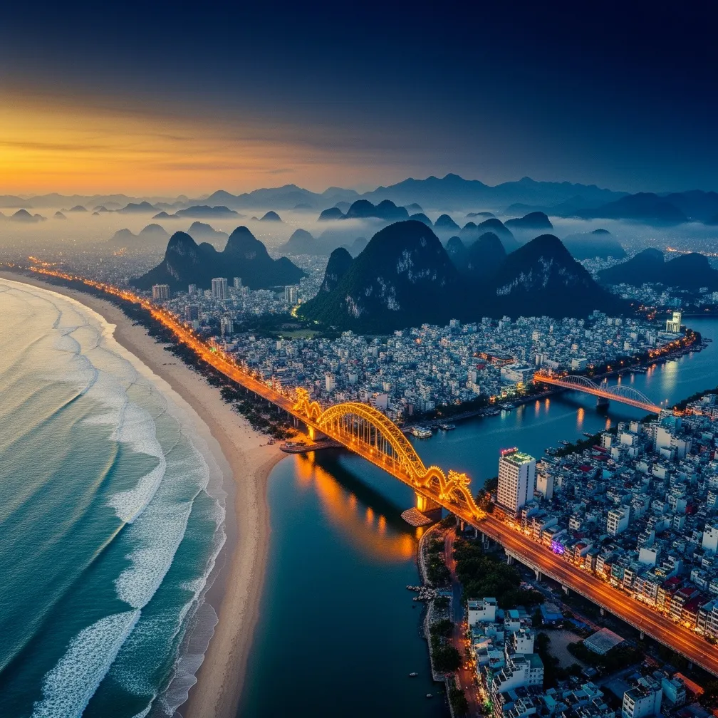 Aerial golden-hour view of Da Nang, My Khe Beach, the Han River and Dragon Bridge with mountains behind