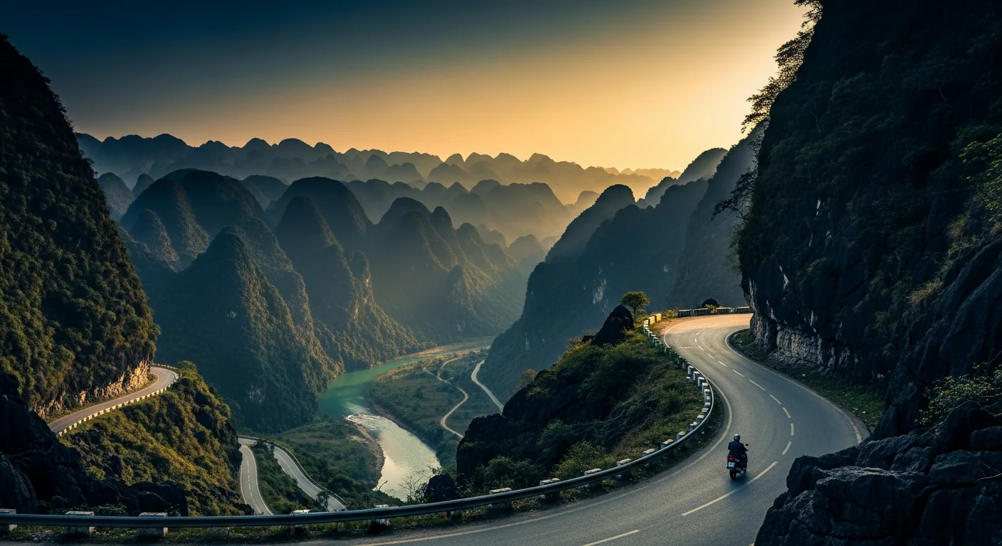 Winding Ha Giang Loop cliff road above a river canyon with karst mountains at golden hour, a lone motorbike riding