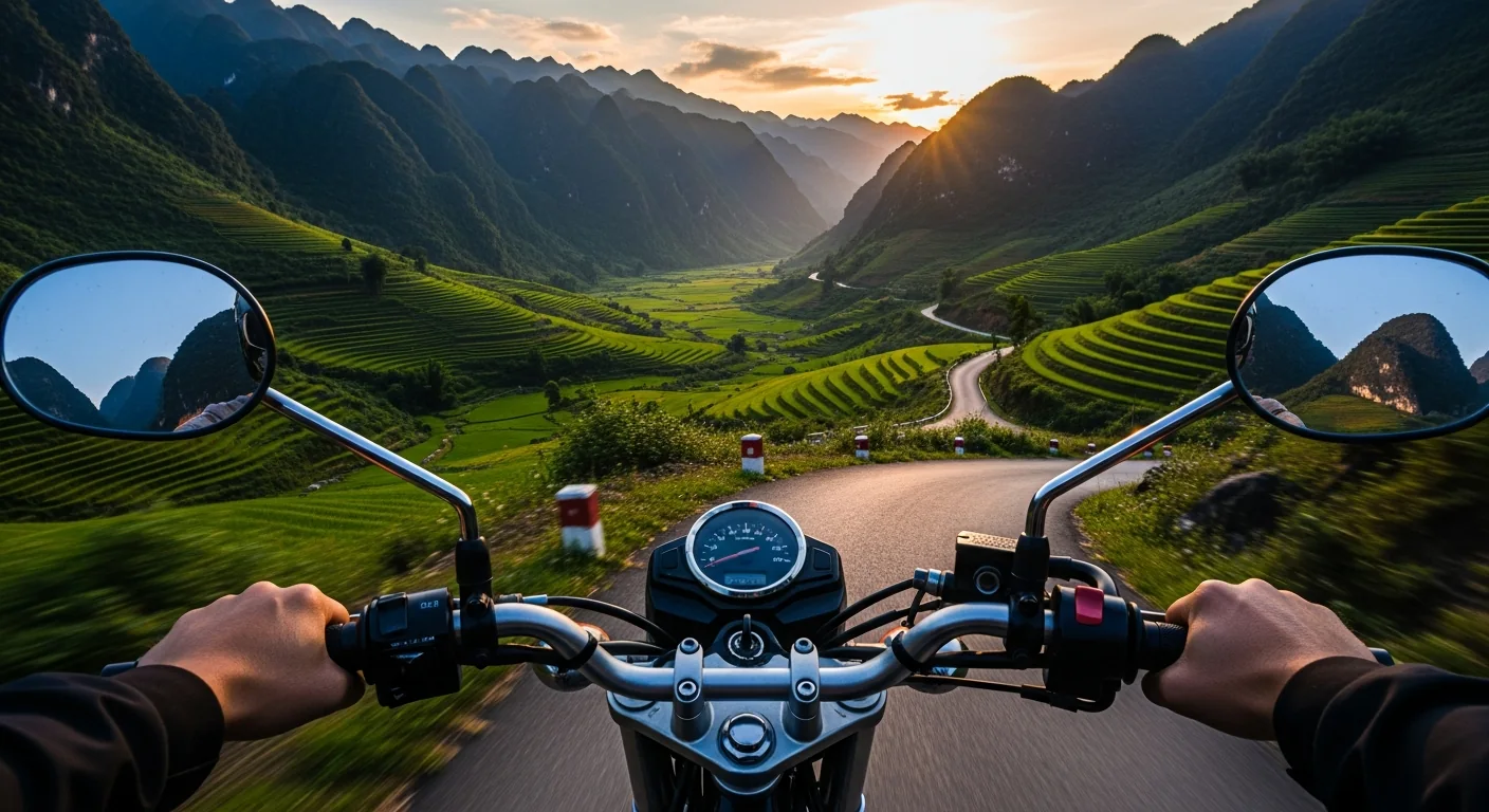 First-person motorbike view on the Ha Giang Loop overlooking terraced green rice fields and mountains at sunset