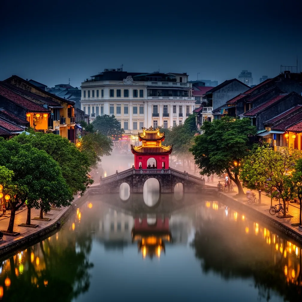 Dusk view of Hanoi Old Quarter, Hoan Kiem Lake with the red Huc Bridge and Ngoc Son Temple reflected in still water