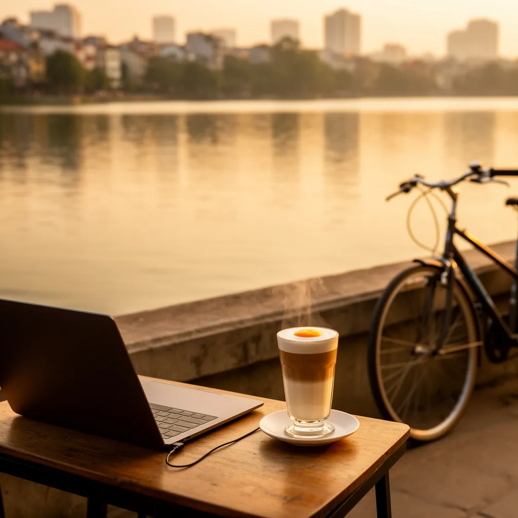 Lakeside cafe table at Tay Ho West Lake Hanoi with laptop and egg coffee, bicycle and city skyline at golden hour