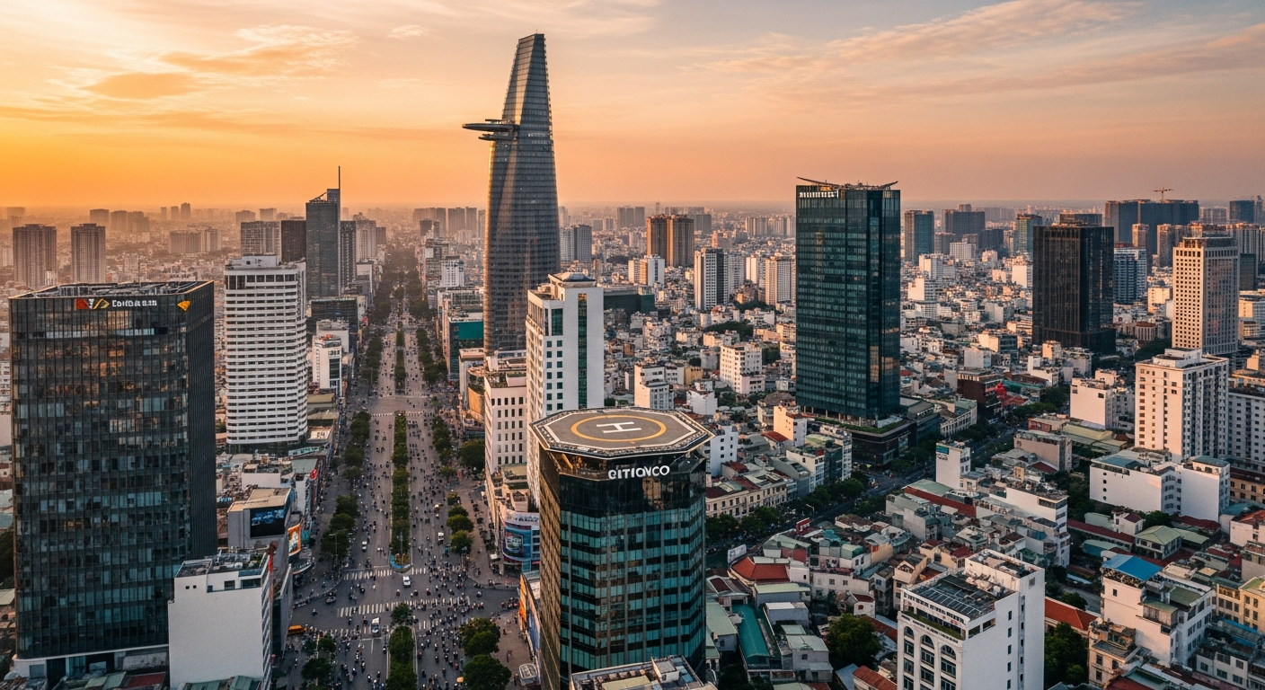 Ho Chi Minh City skyline at golden hour with the Bitexco Financial Tower — Vietnam digital nomads 2026