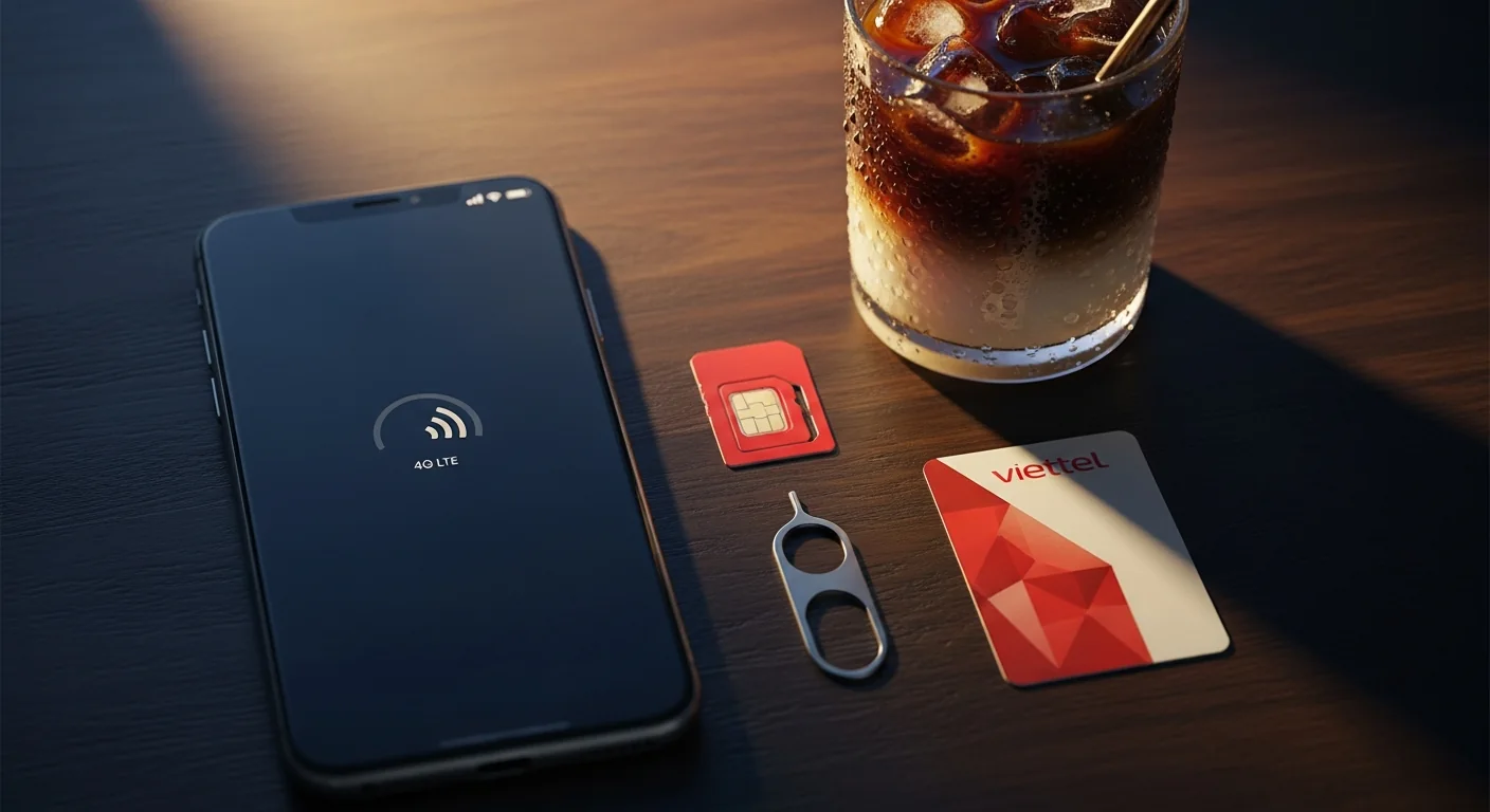 Flat lay of a smartphone showing 4G LTE signal, a red Vietnamese SIM card, SIM ejector tool, a Viettel card and Vietnamese iced coffee