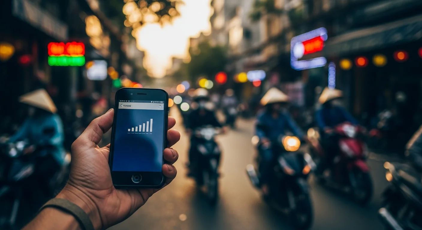 Hand holding a phone with full signal bars on a busy Vietnamese street at dusk with motorbikes and neon signs