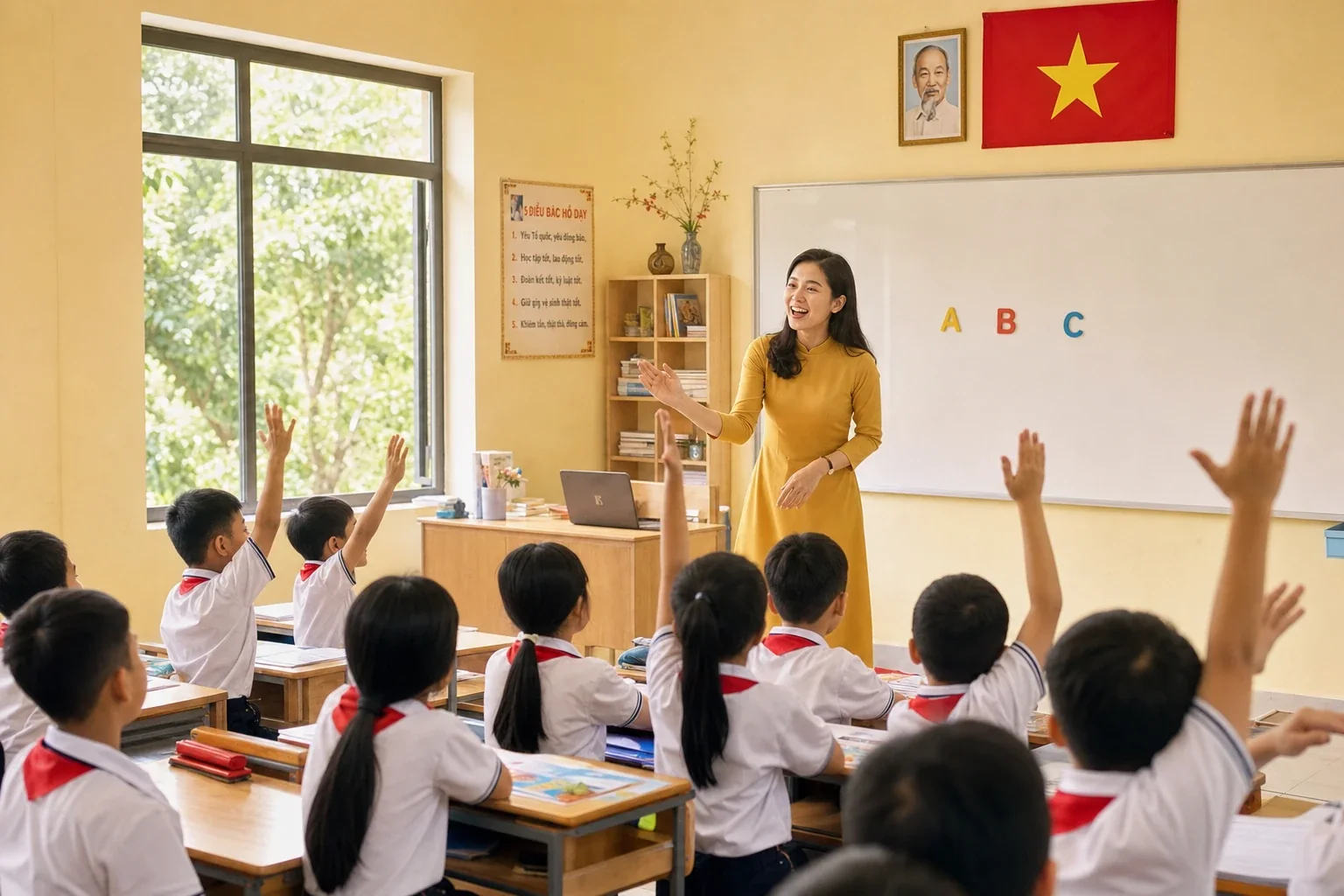 Vietnamese teacher in a yellow ao dai leading a bright classroom of uniformed students with hands raised, ABC letters on the whiteboard