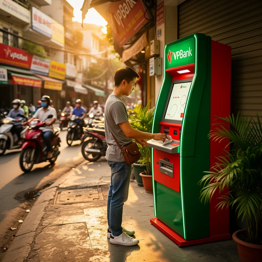 Person withdrawing cash from a green and red VPBank ATM on a Vietnam street at golden hour