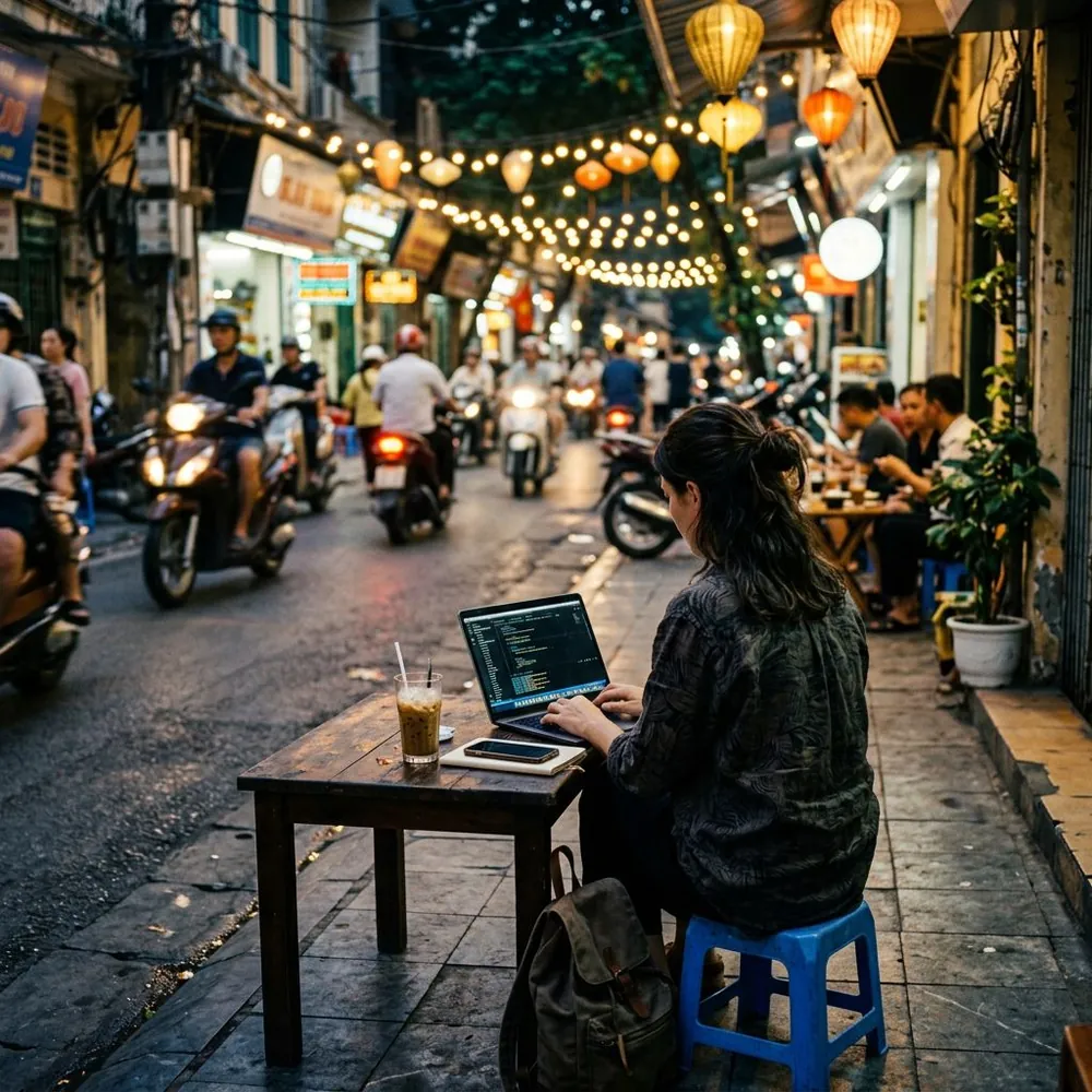 Digital nomad working from a street cafe in Vietnam with laptop and iced coffee