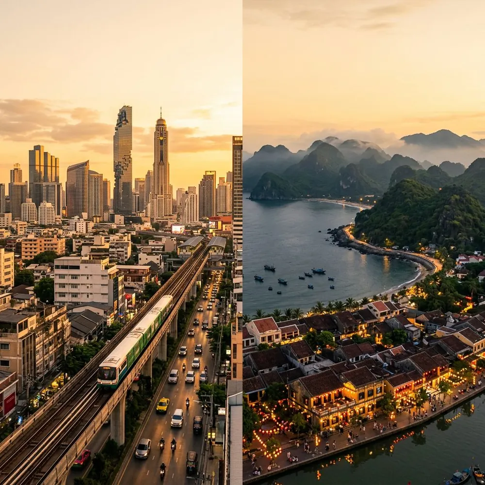 Vietnam vs Thailand for digital nomads 2026, Bangkok skyline and Da Nang coastline compared