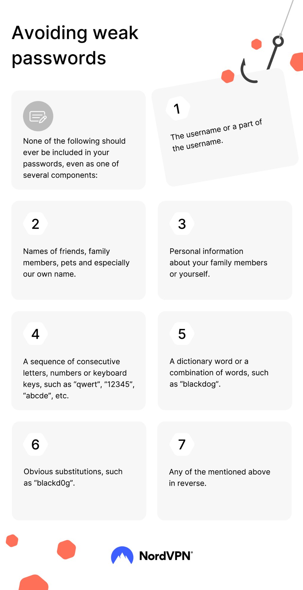 NordVPN Infographic: 7 Things to Avoid in Passwords — including usernames, names of family/pets, personal info, sequential characters, dictionary words, obvious substitutions, and any of the above reversed